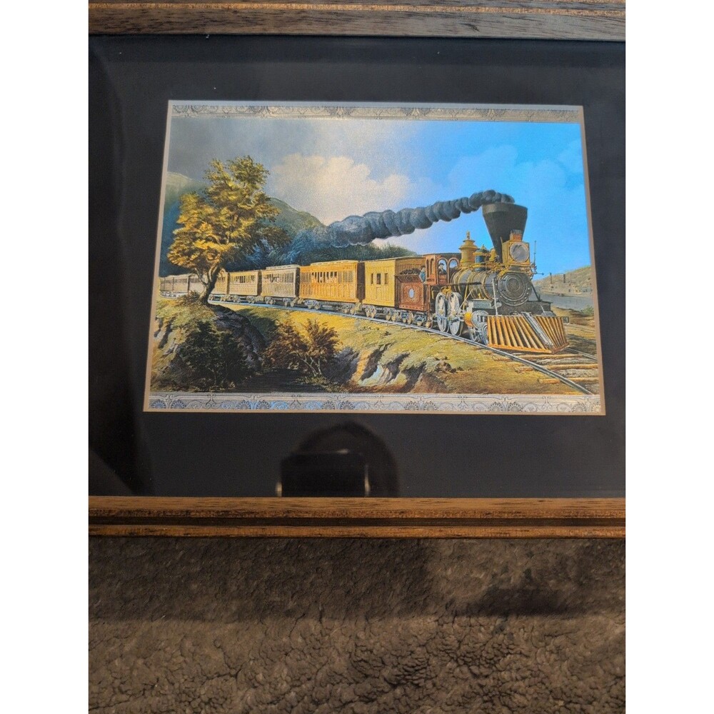 Currier & Ives 'American Express Train' Framed Print Locomotive Foil Art 11x14
